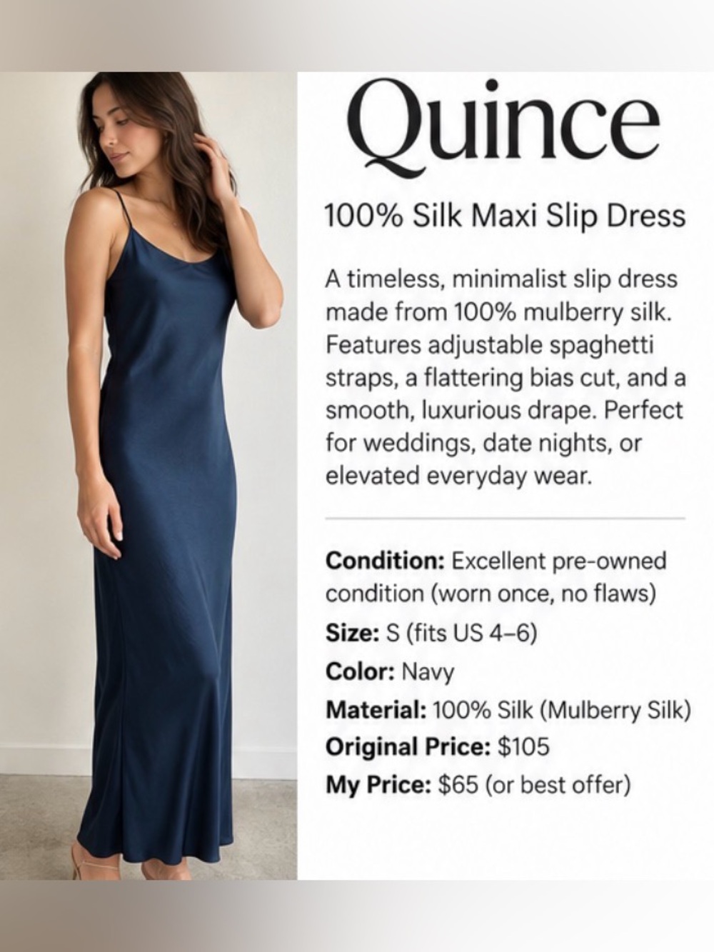 Quince 100% Silk Navy Maxi Slip Dress Size S Adjustable Straps
